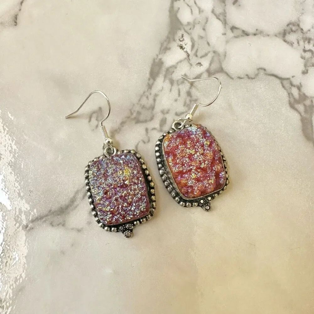 Silver aura Quartz druzy earrings